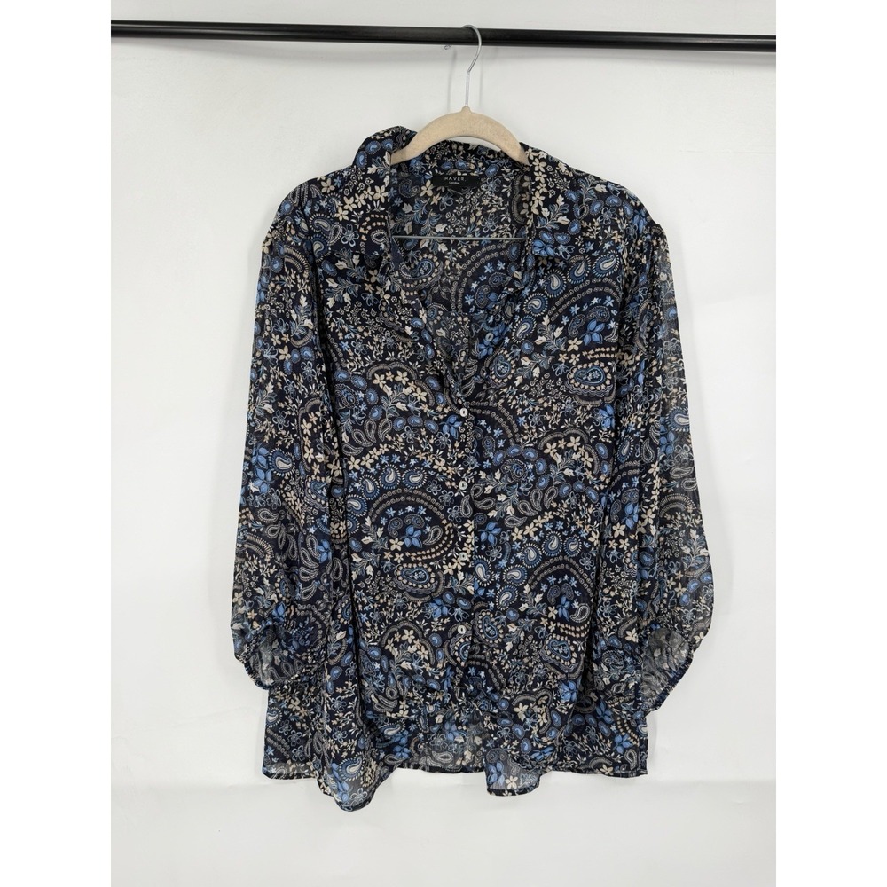 Haver London 1X Blue Black Paisley Floral Button Front Blouse Boho Long Sleeve